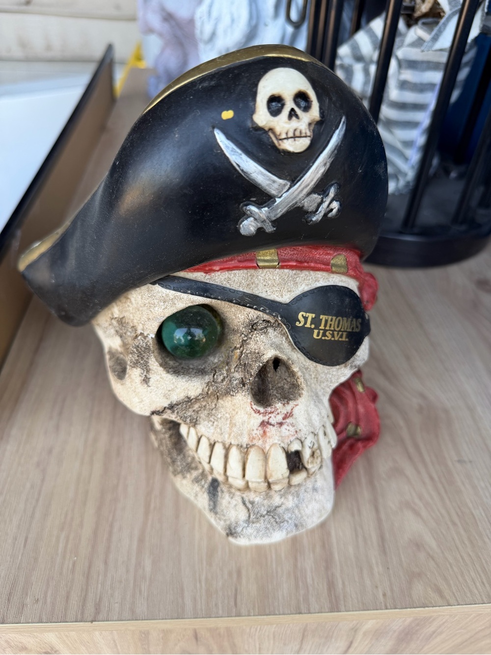 Pirate Skull Piggy Bank Souvenir – St. Thomas U.S.V.I. Coin Bank Caribbean Decor